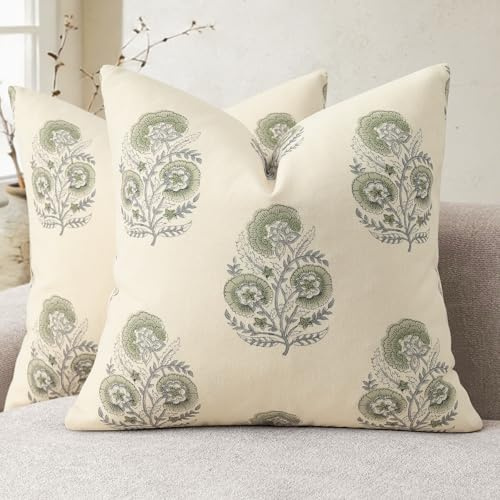 YCOLL Vintage Floral Print Cushion Covers 50x50 Set of 2 Patterned Accent Sofa Cushions Modern Farmhouse Decorative Cushions for Sofa Chair Bed Living Room Home Decor Sage Green