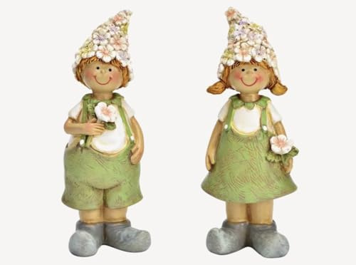 Seyila Home Frühlingskinder Deko Figuren 2er Set – Niedliche Blumen Kinder mit Blütenmütze – Frühlingsdekoration – Polyresin, Gartenfigur