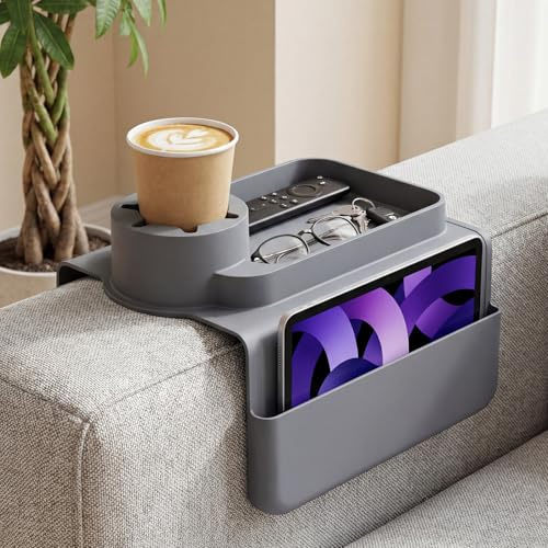 Silicone Sofa Arm Tray with Cup Holder, Anti-Slip Waterproof Couch Armchair Tray with Dual Side Pockets, Removable Sofa Armrest Table Organiser for Remote Control, Drinks, Phone, & Snacks, Grey