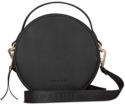 Expatrié Runde Tasche Damen Schwarz Klein Crossbody Tasche aus Veganem Leder - PU Ledertasche Umhängetasche Klein - Trendy Handtasche mit abnehmbaren & verstellbaren Schulterriemen