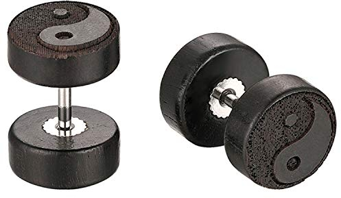 JewelryWe Schmuck Holz Ohrstecker Edelstahl Yin Yang Fake Plug Tunnel Barbell Ohrringe Piercing für Herren Damen Schwarz