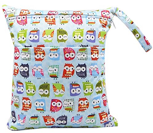 Wetbag Stoffwindeln, Wickeltasche Baby Wiederverwendbar, Waschbar Nasstasche Stoffwindeln Nasstasche Stoffwindeln Wasserdicht Organizer Beutel für Kleinkind Windeln Reisen Gym Strand Pool (Eule)