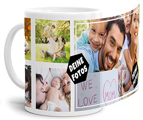 Foto-Tasse zum selbst gestalten mit Foto-Collage für 5 Wunschfotos - Geschenk für Familie, Freunde, Geburtstag, Weihnachten - Keramik Weiß, 300 ml I Personalisiert