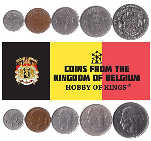 5 Coins Set from Belgium | Europe Coin Set Collection 25 50 Centimes 1 Franc 5 10 Francs | Circulated 1956 - 1988 | Old Collectible Currency for Collectors, Numismatic Album or Money Holders