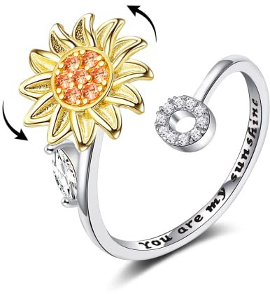 TOBENY 925 Sterling Silber Initiale Fidget Ringe für Frauen You Are My Sunshine Sonnenblume Anti-Angst Einstellbarer Zirkonia Angst Spinner Ring, Metall, Zirkonia