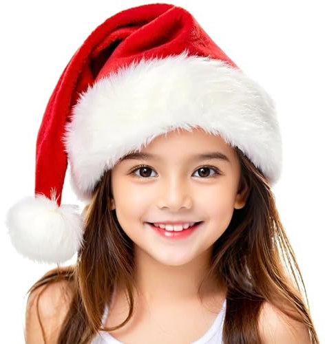 TCJJ Santa Hat for Kids Christmas Hats Headwear Unisex Holiday Comfort Red Velvet Extra Thicken Xmas Hat for New Year Festive Party