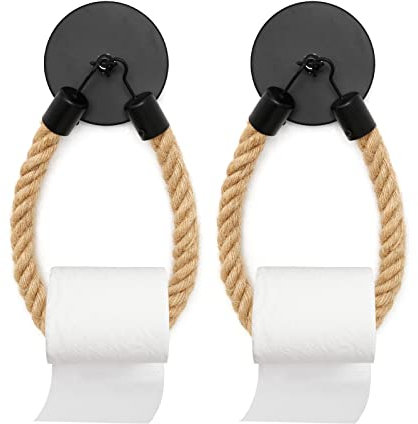 Hoypeyfiy Toilettenpapierhalter Schwarz Matt, Schrauben Montage Hanfseil Klopapierhalter Set, WC Papier Halterung Vintage mit Seil für Küche Badzimmer Toilette