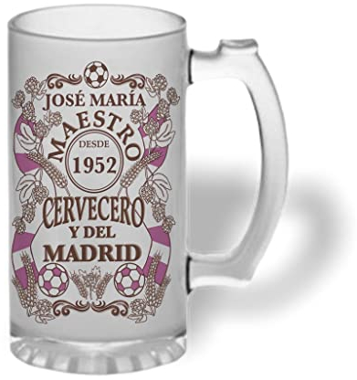 Bee Ingenious Jarra cerveza personalizada Maestro cervecero y del Madrid de cristal esmerilado con nombre y año personalizados Regalos para hombres, para padres, novios, hermanos. (Maestro Madrid)