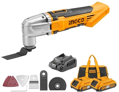 INGCO Lithium-Ion 20V Multi Tool with 2pcs 2.0Ah Battery and Charger DIY Oscillating Multi-Tool with 8Pcs Accessory Kit