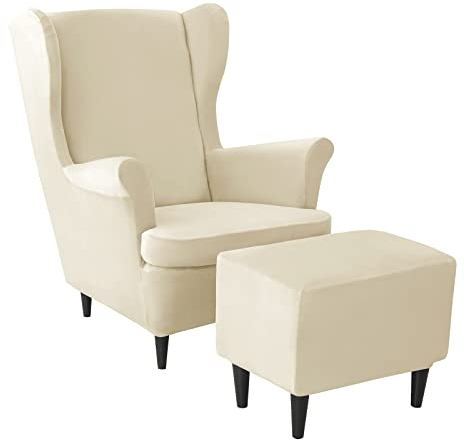 JHLD Samt Stretch Husse für Ohrensessel Mit Ottomane Schonbezug, Husse für Ohrensessel Ottomane Bezug 3 Stück weiche Ohrensessel Schonbezug Abnehmbare Waschbar -Beige-3 Stück