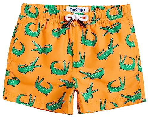 MaaMgic Kleine Jungen Badeshorts Schnelltrocknend Boardshorts mit Mesh-Futter Taschen und Verstellbarem Tunnelzug MEHRWEG,Orange gelb Krokodil,3 Jahre