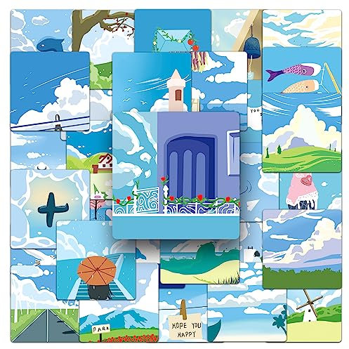 50 Stück Blauer Himmel und Weiße Wolken Aufkleber Pack Landschaft Sticker Set Wasserdichte Vinyl Sticker für Laptop Kinder Autos Motorrad Fahrrad Gepäck Koffer Computer Aufkleber Graffiti Decal