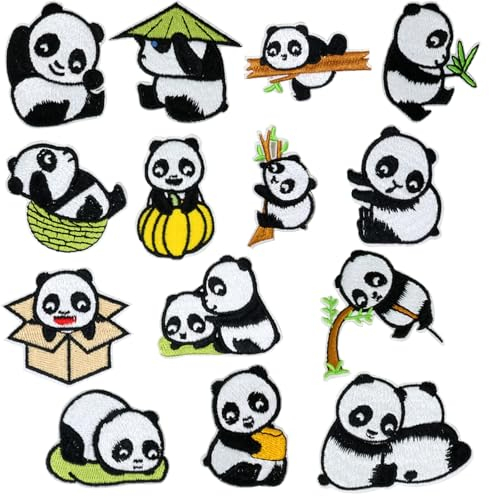 Honbay 14 Stück niedliche Cartoon-Panda-Aufnäher zum Aufbügeln oder Aufnähen, zarte bestickte Applikationen für Kleidung, Dekoration und DIY Handwerk – 14 Stile