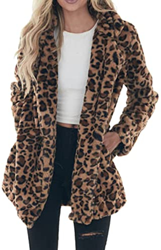 Winterjacke Damen, Fleecejacke Damen Warm Gefüttert Jacke Leopard Kunstpelz Wintermantel mit Tasche Winter Plüschjacke Große Größen Faux Fur Plüschmantel Pelzmantel Ubergangs Strickjacke