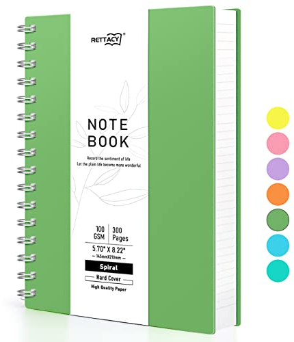 RETTACY A5 Notizblock, Notizbuch, Spiralgebundene Notizbücher, 300 Blatt/150 Seiten Zum Schreiben, 100 G/m² College-liniertes Papier, PVC-Hardcover, 14,5 X 21 Cm – Grün