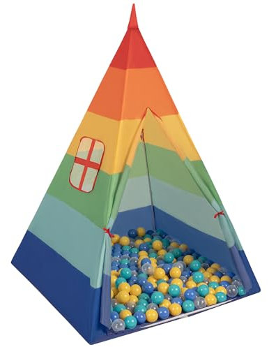 Selonis Tipi Spielzelt Mit 200 Bälle 6 cm Indianerzelt Für Kinder, Mehrfarbig:Türkis/Blau/Gelb/Transparent