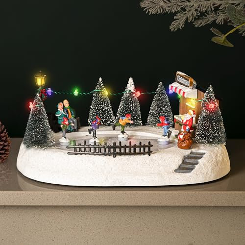 Marco Paul - Escena navideña tradicional de pueblo festivo, adorno decorativo con luces LED multicolor, funciona con pilas, conexión USB, pista de patinaje sobre hielo