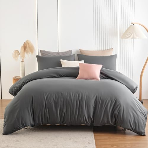 Soifox Double Duvet Cover Dark Grey - Microfiber Plain Bedding Duvet Cover Set with Pillow Cases, Soft Zipper Closured Quilt Cover, Charcoal Grey