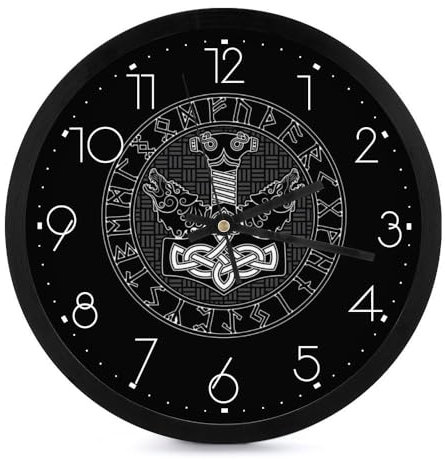 VZXATYOP Viking Fenrir Wolf Farmhouse Round Black Wall Clock, Thor's Hammer Print Silent Non Ticking Wall Clocks, Large Number Easy to Read Wall Clocks (Color : A5, Size : 25cm/10in)