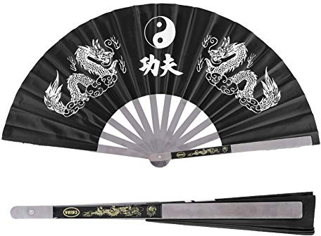 Large Folding Hand Fan, Stainless Steel Tai Chi Martial Arts Handheld Fan Written Kung Fu Dual Dragons Dance Practice Training Performance Fans Chinese Style for Men Women Decorations Festival