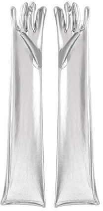 KRYMSON 1 Paar Silberne Lacklederhandschuhe, Bühnenperformance-Handschuhe, Glitzerhandschuhe, Weibliche Roboterhandschuhe, Lange Handschuhe, Cosplay-Kostümhandschuhe