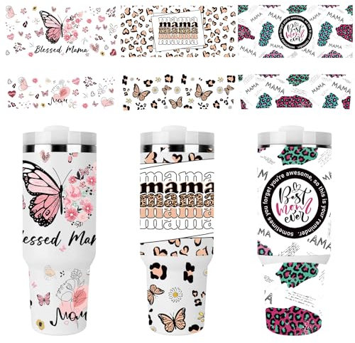 Rngmsi UV DTF Cup Wrap - 6 Sheets Mama UV DTF Cup Wrap for 40 OZ Tumbler Mom Leopard Print UVDTF Cup Wraps Butterfly Waterproof UV DTF Wrap Stickers for Glass Cups Mom Gifts