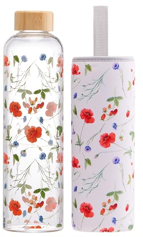 Autsel Gourde en Verre 1 Litre avec Housse en Néoprène, Bouteille d'Eau Artistique en Borosilicate, Étanche, Réutilisable, sans BPA