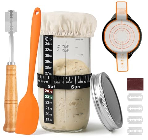 Sauerteig Starter Set,650ml Sauerteig Starter Glas mit Thermometer,Datum markiert Fütterung Band,Silikon Brot Sling,Brot Lame,Silikon Schaber,Cloth Cover & Metall-Deckel,Sauerteig Brot backen Zubehör