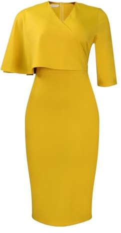 2024 Frauen Kurzarm Rüschen Casual Club Bleistift Kleider Elegante Rüschen Flared A Line Swing Party Cocktail Hochzeit Formal (Gelb,XL)