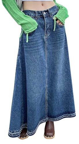 Jeans Rock FüR Damen Damen High Waist Wadenlanger Jeansrock mit Vorderem Schlitz Langer Rock Reißverschluss Stretch Used-Look Jeansrock Damen Midi Schlitz Hinten