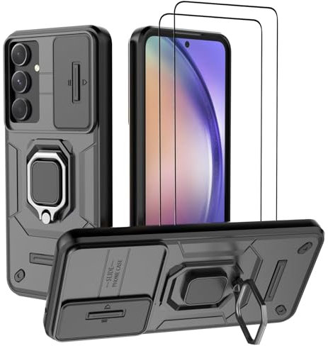 DERHAN Cover per Samsung Galaxy A55 con Vetro Temperato [2 Pezzi], Custodia Antiurto con Protezione Fotocamera e Supporto - Nero