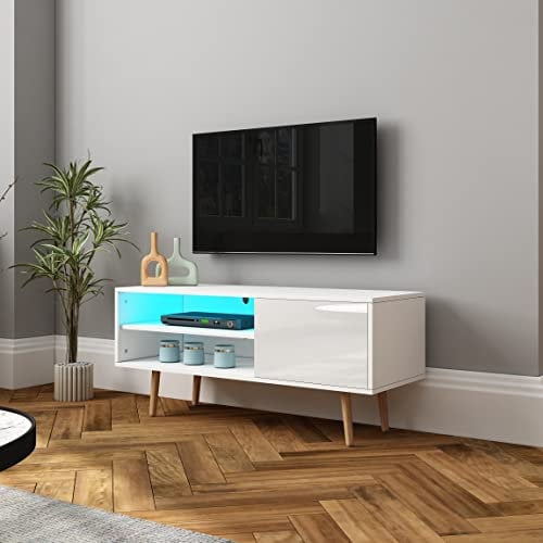 TV Stand Cabinet, High Gloss TV Stand Unit with LED Lights 110CM Modern TV Table Unit with 2 Open Shelves and 1 Door, TV Entertainment Centre for Bedroom Living Room Home Office White