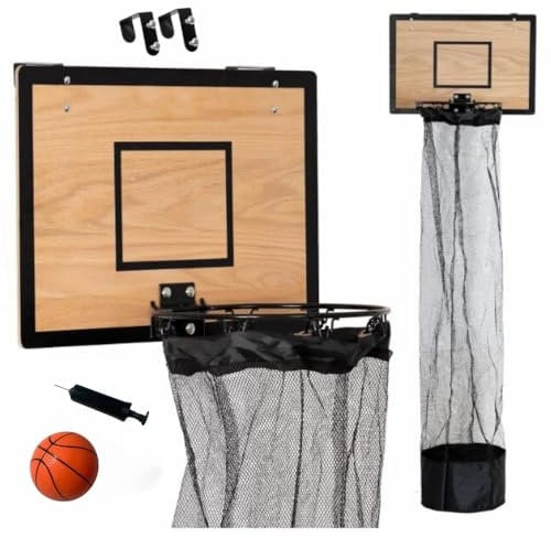 TheDunk Basketballkorb aus Holz für schmutzige Wäsche, Wand und Tür, mit abnehmbarem Beutel, Ball und Luftpumpe, Basketballspiele für Schmutzwäsche, Geschenk für Kinder und Erwachsene