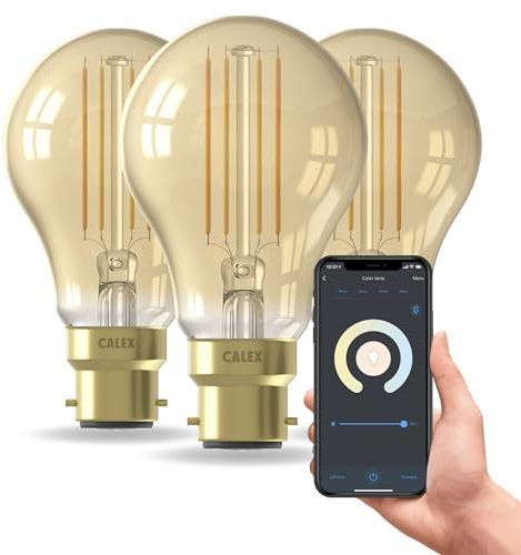 CALEX - Smart Filament Bulb B22 Bayonet, 3-Pack, WiFi LED A60 Bulb, Warm White Light, Gold, App and Works with Amazon Alexa and Google Home, 7W