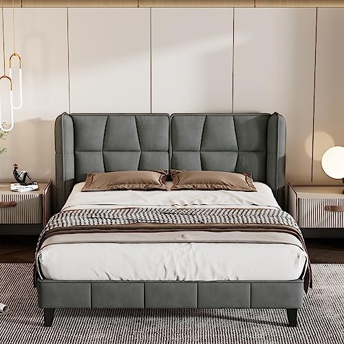 KAZZIO Polsterbett mit Lattenrost und Kopfteil, Jugentbett, Holzlattenunterstützung, Einfache Montage, Samt, grau(140 * 200cm)