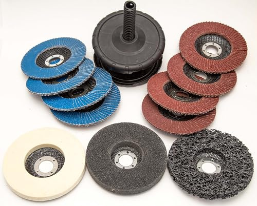 11-Teiliges 125x22,23 mm Fächer- und Polierscheiben-Set. 1xGrobreinigungssheibe,1xWollfilz Polierscheibe,1xPolierschwamm, 4xAO Fächerscheiben, 4xZO Fächerscheiben