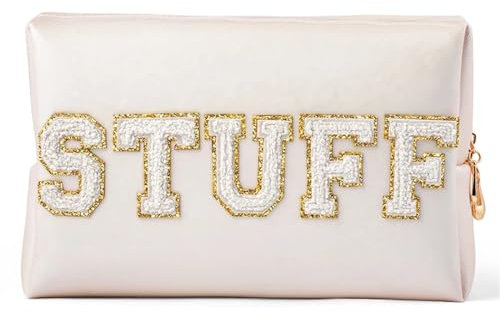 XUCZHAI Kosmetiktasche Preppy Patch Extra Large Varsity Chenille Letter Makeup Bag PU Leather Waterproof Portable Cosmetic Toiletry Bag Organizer Gift(Stuff)