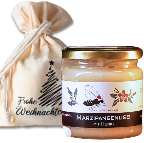 Gregas Imkerei Honig - Säckchen Frohe Weihnachten mit Sorte deiner Wahl - 250g Glas - Das perfekte weihnachtliche Geschenk Honigset - ideal als Mitbringsel zu Weihnachten (Marzipangenuss)