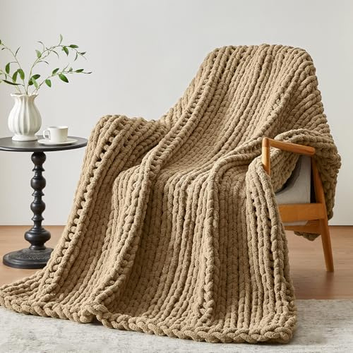 Negwoo - Manta de punto grueso, de 1,27 x 1,52 m, de hilo de felpa, tejida a mano, marrón claro, para sofá y cama, crochet gruesa y acogedora, lavable a máquina, bonita y cómoda para decoración del