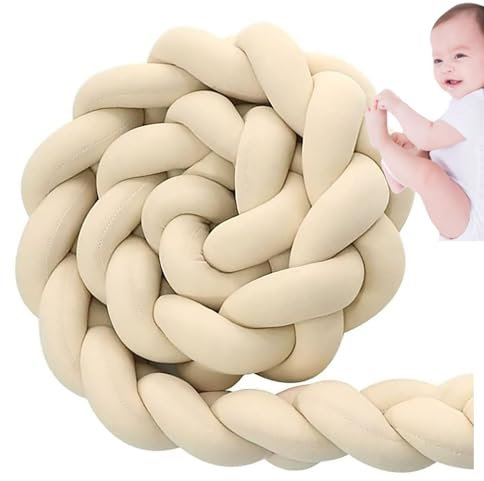 AmphaDeco Bettschlange Knotenkissen Kantenschutz Für Antikollisionskopf,Bequem Bettschlange Geflochten Kopfschutz,Zöpfe Bettumrandung Kantenschutz,Beige,300cm