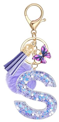 JSRQT Porte-clés avec Lettre Initiale S Violet Personnalisée Lettres Keychain Porte-clés pour Fille Femmes avec Pendentif Papillon Pampille Porte-clés Lettre en Résine Charmes en Résine Cadeaux Décor