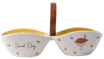 LOVIVER Fruit Salad Divider Bowl Double Compartments Bowl Decor Rustic Handheld Serving Bowl Divided Bowl for Gift Dining Table Hotel, Yellow