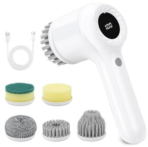 Electric Cleaning Brush Cordless, IPX7 Waterproof Electric Spin Scrubber, Sonic Scrubber with LED Display, 5 Replacement Heads, 2 Adjustable Speeds Bathroom Brush for Kitchen/Tile/Garden/Floor/car