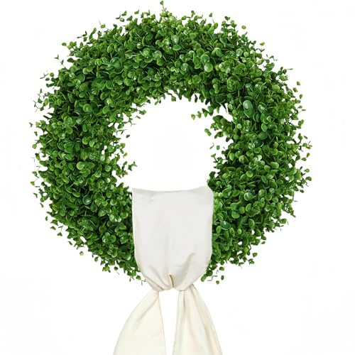 Buchsbaumkranz für Haustür mit elfenbeinfarbener Schärpe, faltbarer Bauernhaus-Türkranz für ganzjähriges Zuhause, drinnen und draußen, Hochzeiten und St. Patricks Day, 50,8 cm