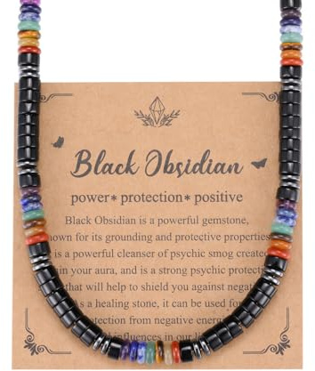 PiercingJak Herren Halskette Obsidian Tigerauge 7 Chakra Steine Perlen Kette Männer Kristallkette Perlenkette Edelstein Heilsteine Schmuck Spirituelle Geschenke für Mann, 50.8cm