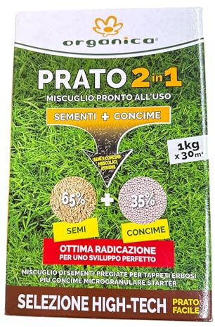 Semi per Prato 2-in-1, Miscuglio di Semi e Concime per Tappeti Erbosi, 1kg per 30mq, Selezione High-Tech