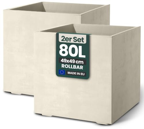 Kreher 2 x XL Pflanzkübel 'Millennium' in verschiedenen Formaten/Farben. Tolle Naturstein Optik in Anthrazit, Grau, Creme Weiß oder Braun! Aus robustem Kunststoff. (Creme Weiß, 2 x 80 Liter Eckig)