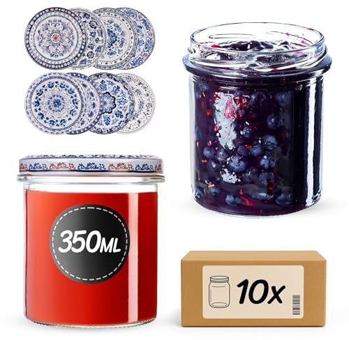 KADAX 10er Set Marmeladengläser 350ml TO82 Blau/Weiß, Einmachgläser Vorratsgläser Mason Jar mit Schraubdeckel, Luftdichte Schraubgläser, Honig & Konfitüre