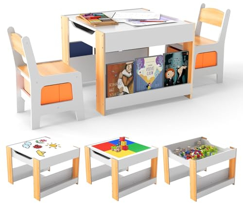 COSTWAY Kids Table and Chairs Set, Wooden Toddler Activity Tables with Reversible Tabletop, Bookshelves, Storage Bins, Children Building Block Table for Boys Girls (White + Natural)
