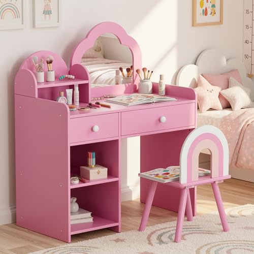 Clevich 2 in 1 Schminktisch Kinder Set, Kinderschminktisch mit Spiegel, 2 Schubladen, Schließfächer, Schreibtisch Holz mit Hocker, Prinzessin Frisiertisch für Kinder von 3 bis 8 Jahren, Rosa